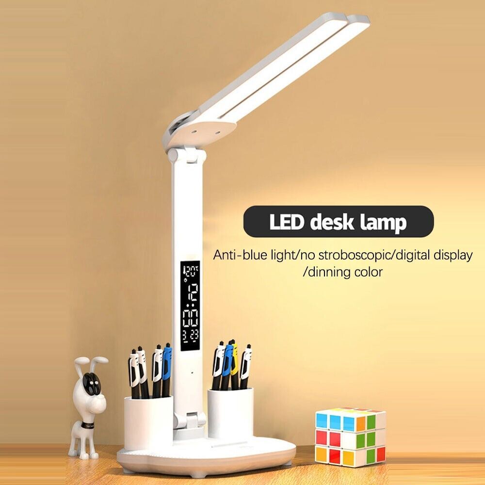 LED Reading Desk Lamp Dimmable USB Double Head Foldable Table Night Light White